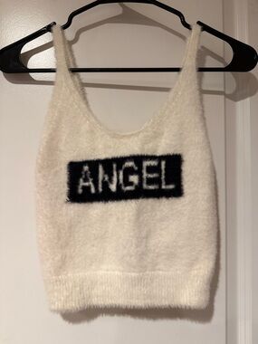 Forever 21 White Fuzzy Knit Top with Black Tag Detail